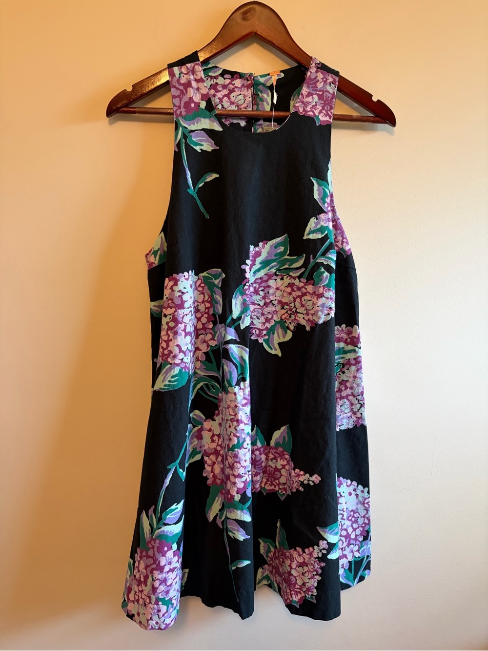 Free People Black Floral A-Line Dress with Purple Hydrangea Print